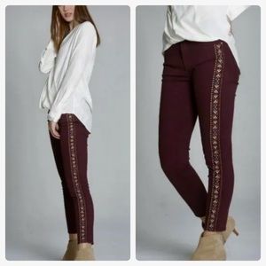 Women's Burgundy Embroidered Jeans
